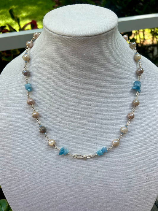 Moonstone & Aquamarine Sterling Silver Necklace – 20" OOAK Beaded Necklace