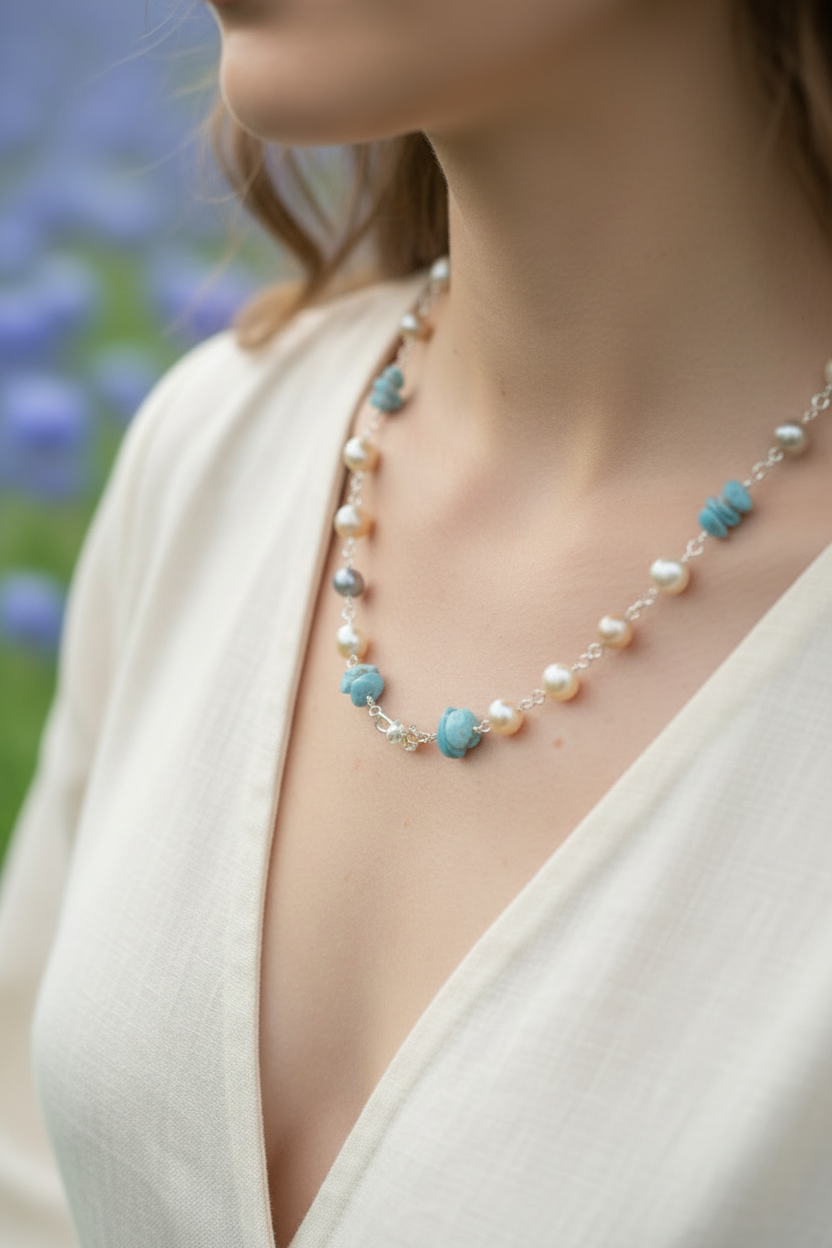 Moonstone & Aquamarine Sterling Silver Necklace – 20" OOAK Beaded Necklace