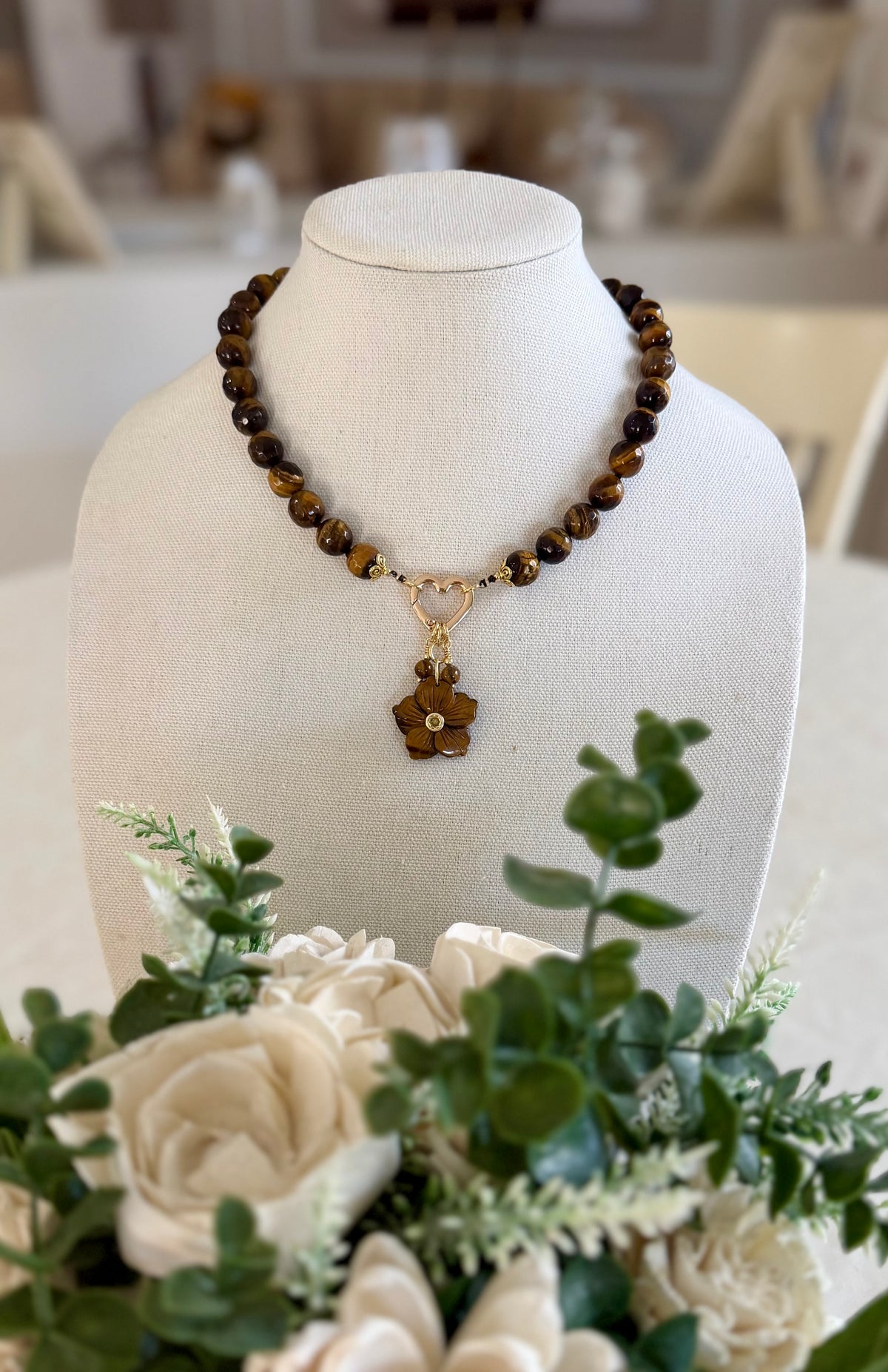 Chunky Tigereye Necklace with Flower Pendant
