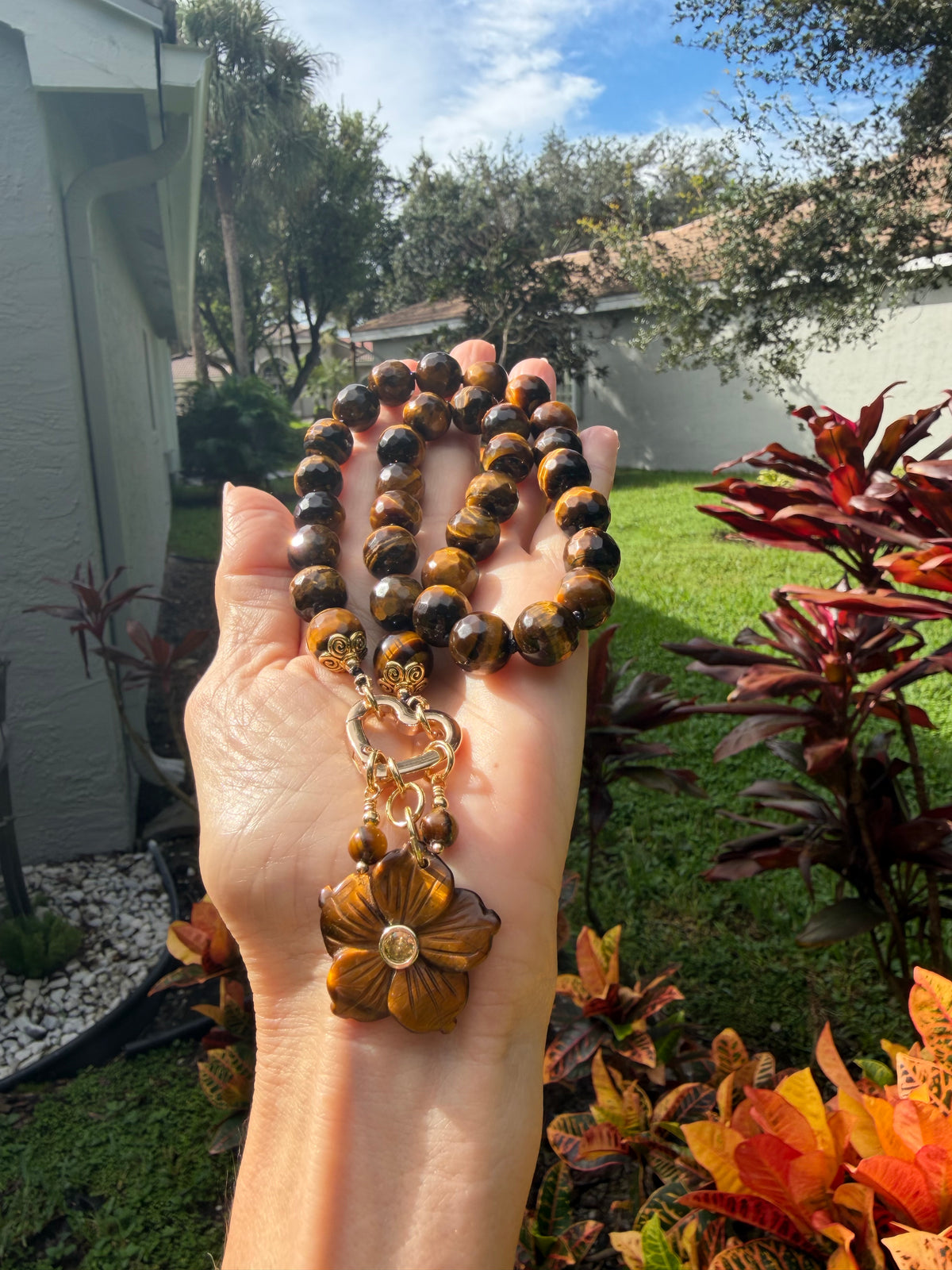 Chunky Tigereye Necklace with Flower Pendant