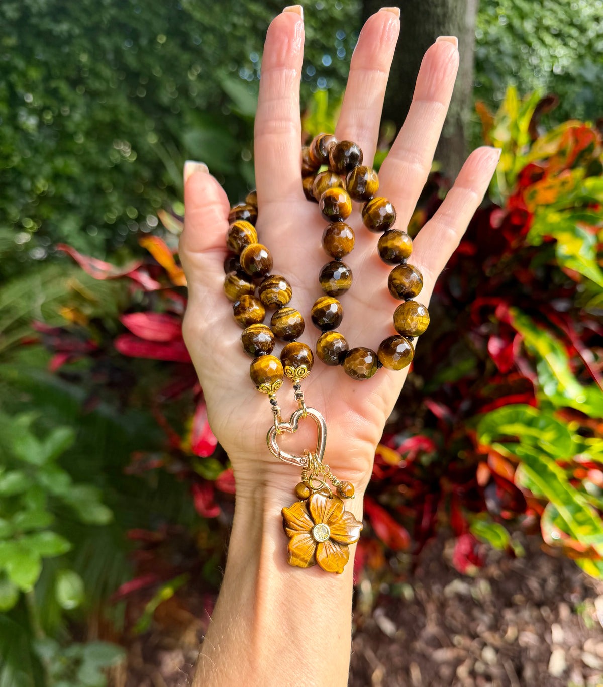 Chunky Tigereye Necklace with Flower Pendant