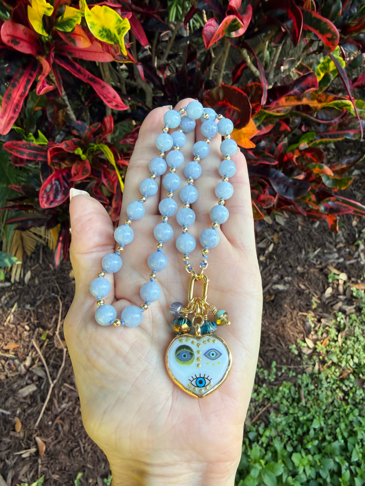 Blue Chalcedony and Evil Eye Heart Pendant