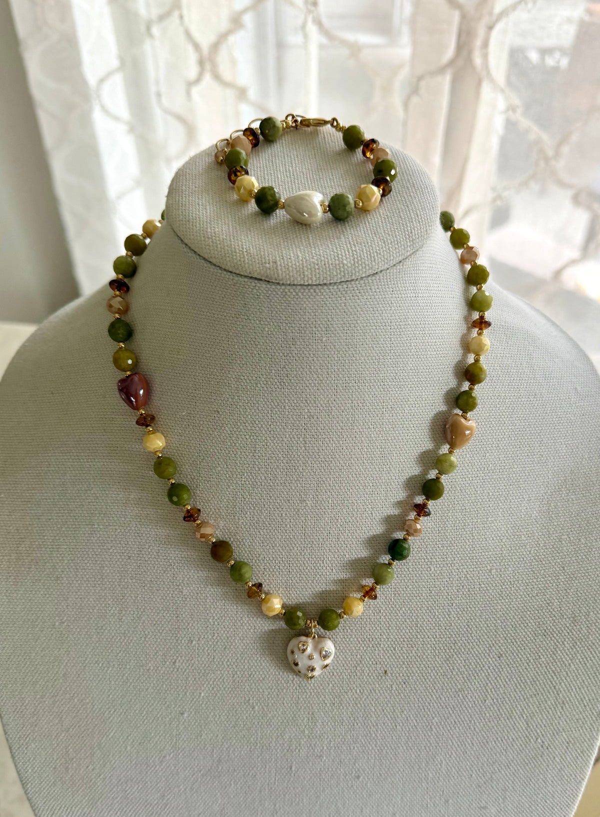 Faceted Jade Necklace with White Heart Pendant