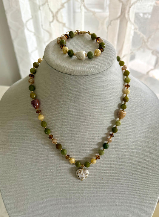 Faceted Jade Necklace with White Heart Pendant