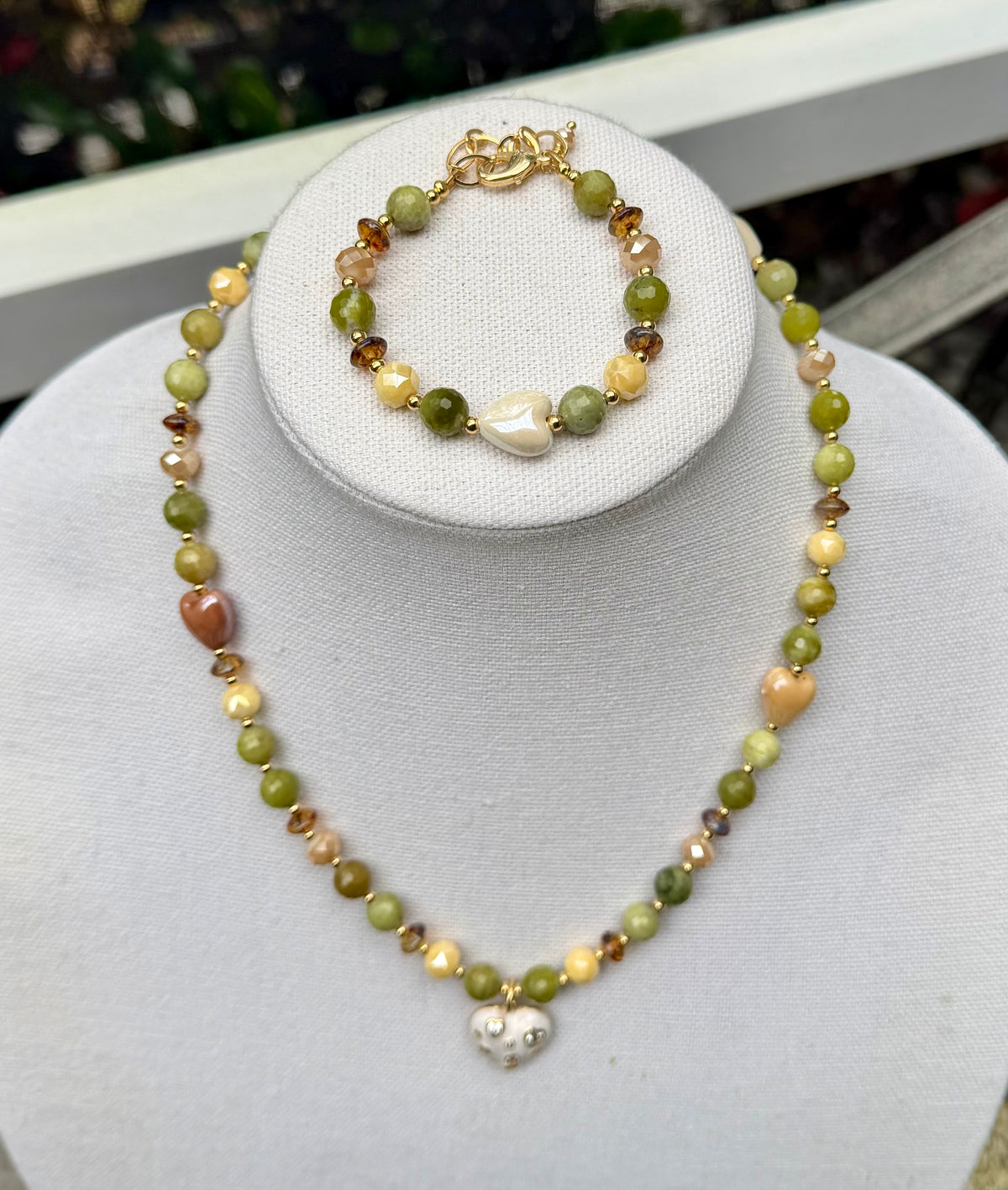 Faceted Jade Necklace with White Heart Pendant