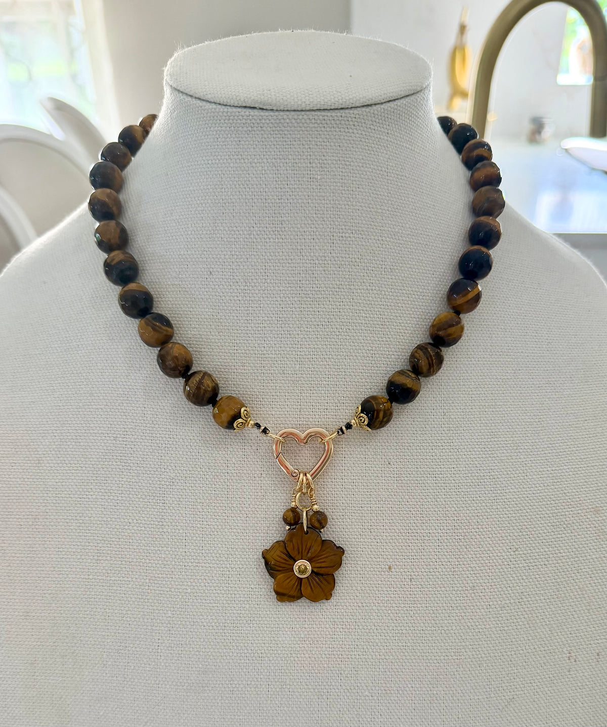 Chunky Tigereye Necklace with Flower Pendant