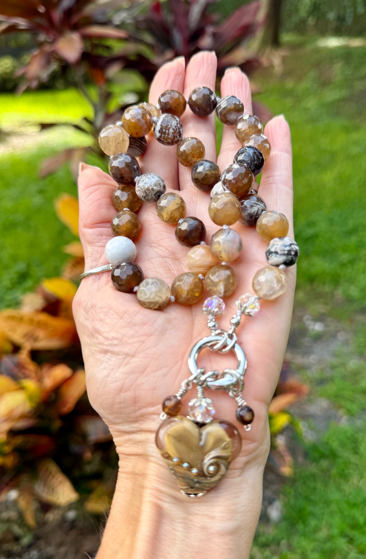 Brown Dragon Vein Agate Necklace with Artisan Heart
