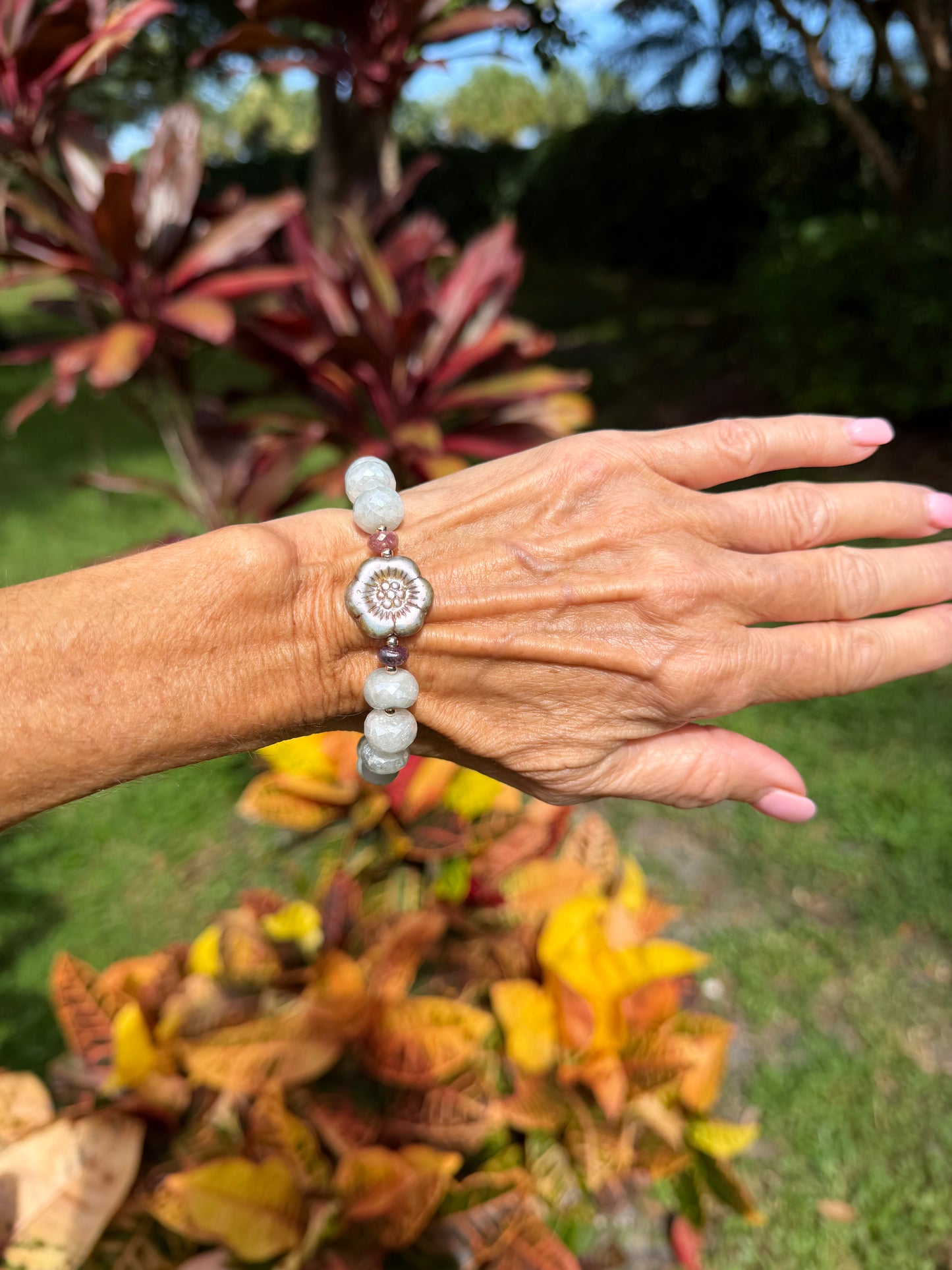 Moonstone & Czech Flower Bracelet | Tourmaline, Unakite & Pearl | 925 Sterling Silver