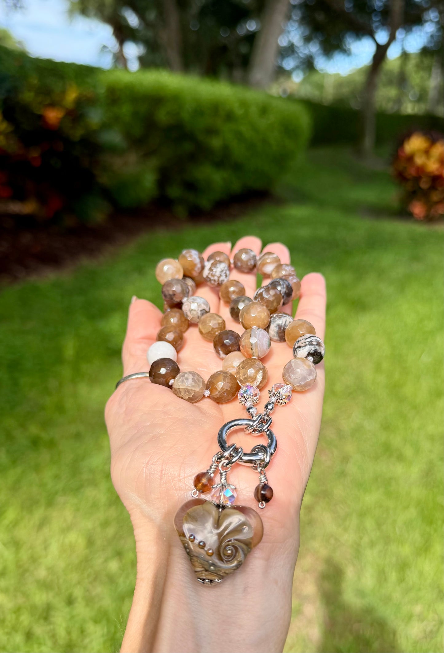 Brown Dragon Vein Agate Necklace with Artisan Heart