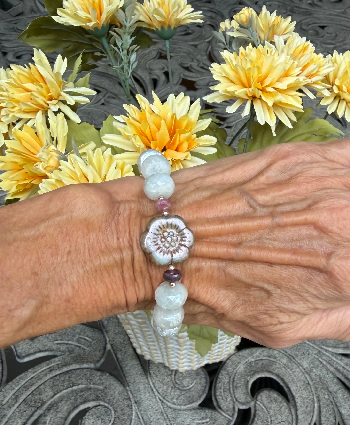 Moonstone & Czech Flower Bracelet | Tourmaline, Unakite & Pearl | 925 Sterling Silver