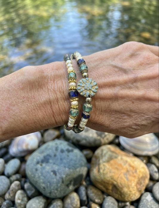 Blue/Green Czech Glass  2 Piece Bracelet set