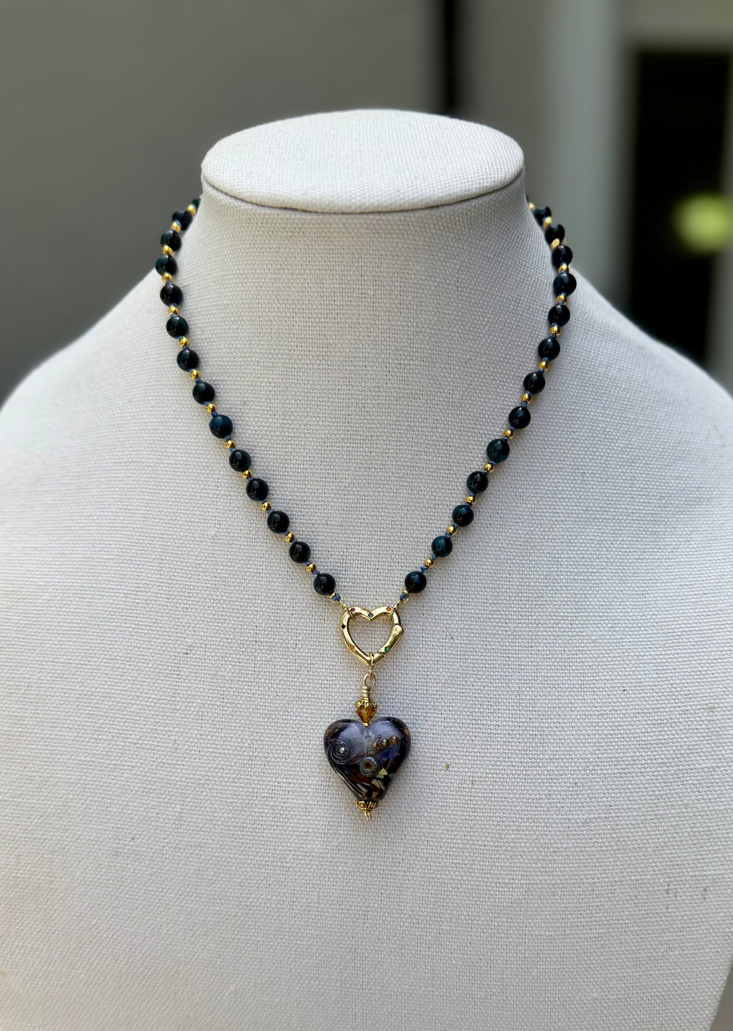 Black & Blue Tiger Eye Necklace with Artisan Glass Heart Pendant | Handmade Boho Luxe