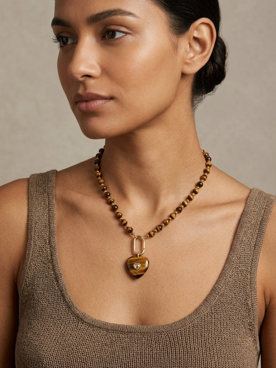 Tiger Eye Heart Pendant Necklace | Handmade Boho Gemstone Jewelry | 18K Gold Plated