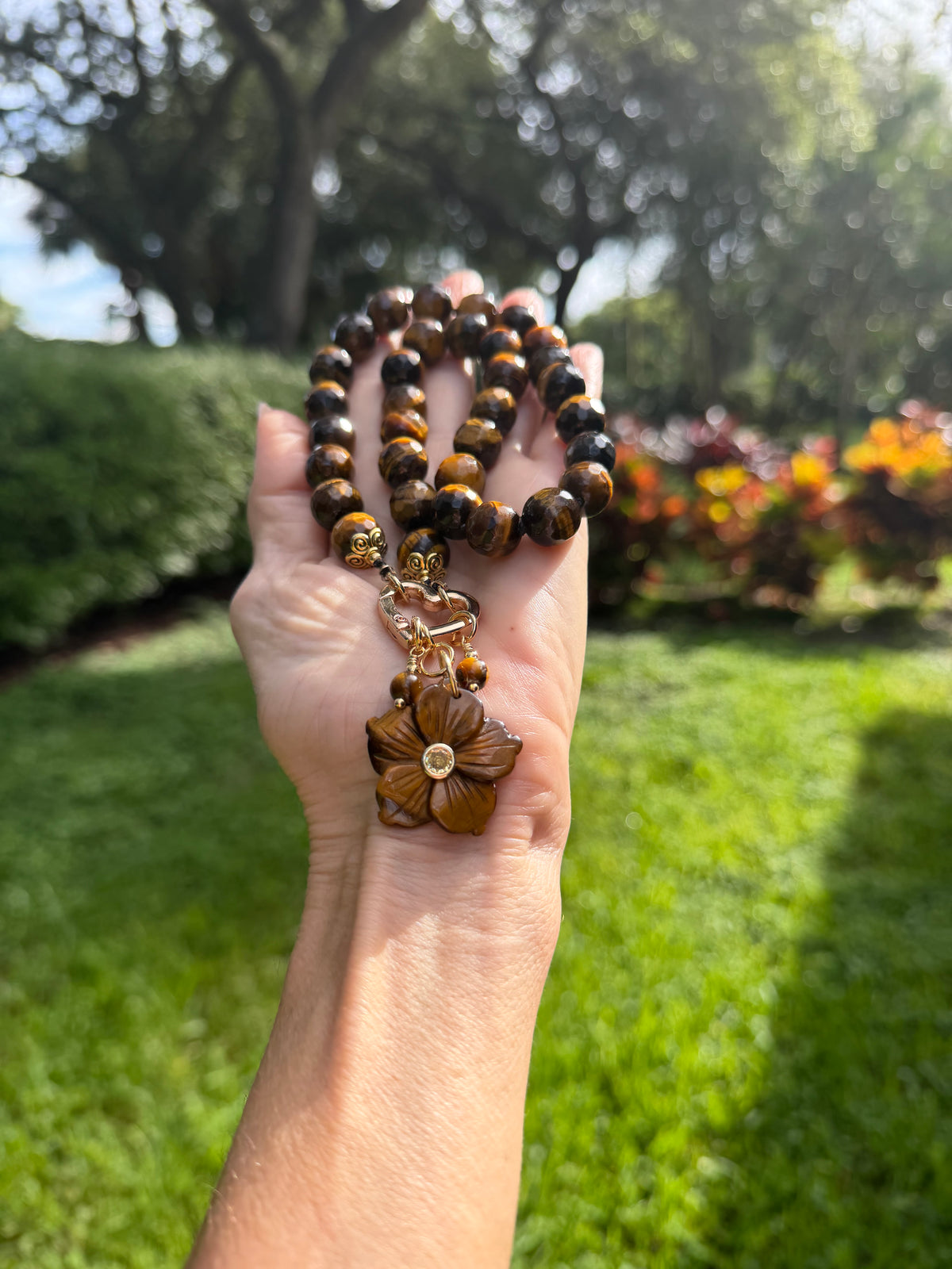 Chunky Tigereye Necklace with Flower Pendant