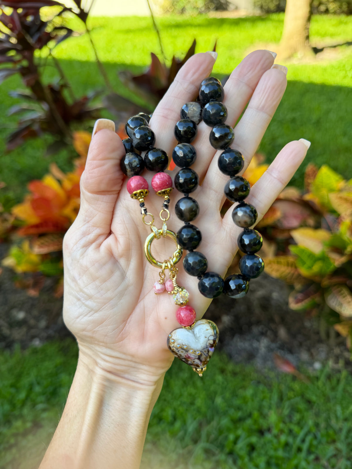 Black Agate necklace with Artisan Glass Heart