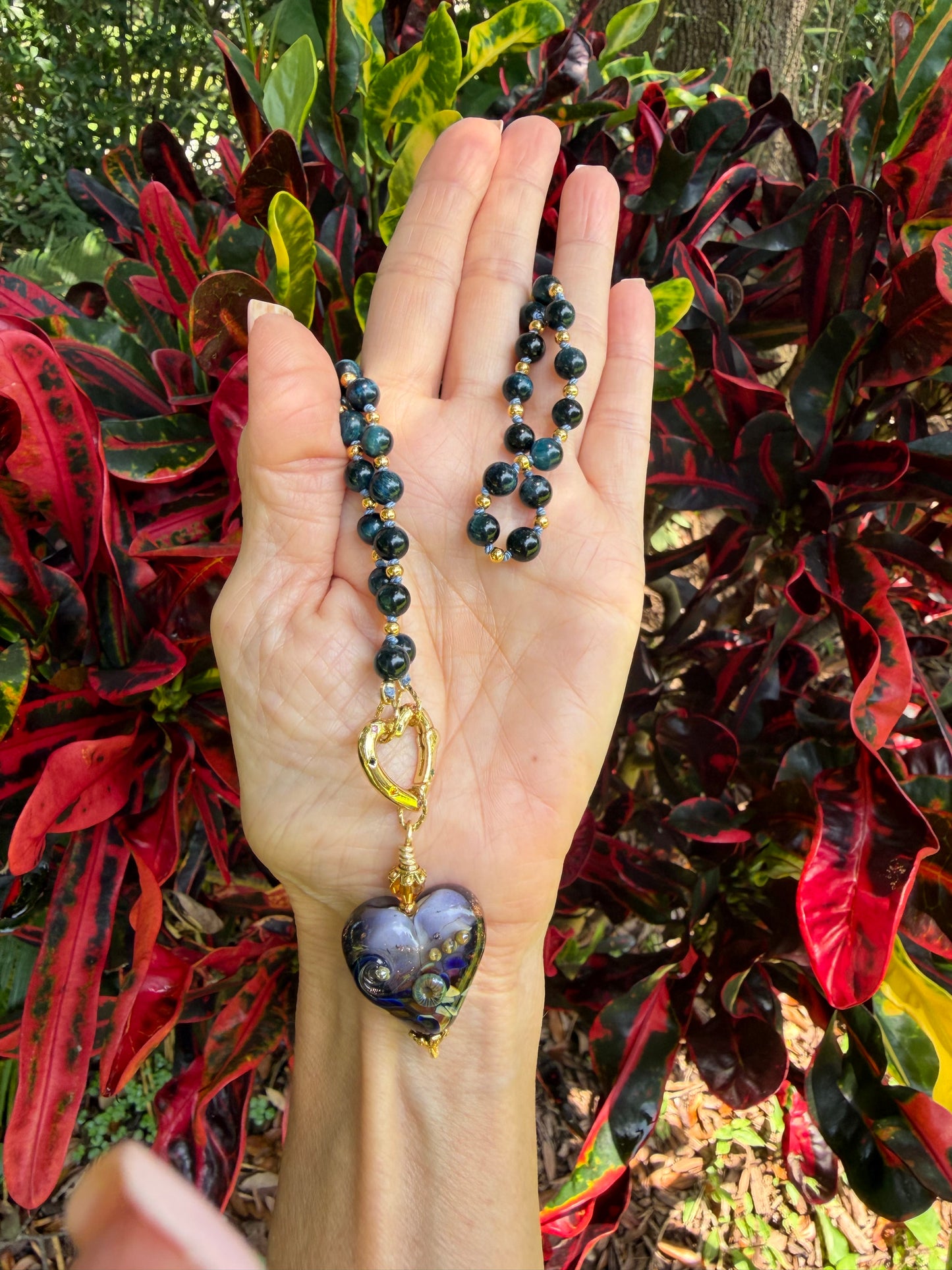 Black & Blue Tiger Eye Necklace with Artisan Glass Heart Pendant | Handmade Boho Luxe