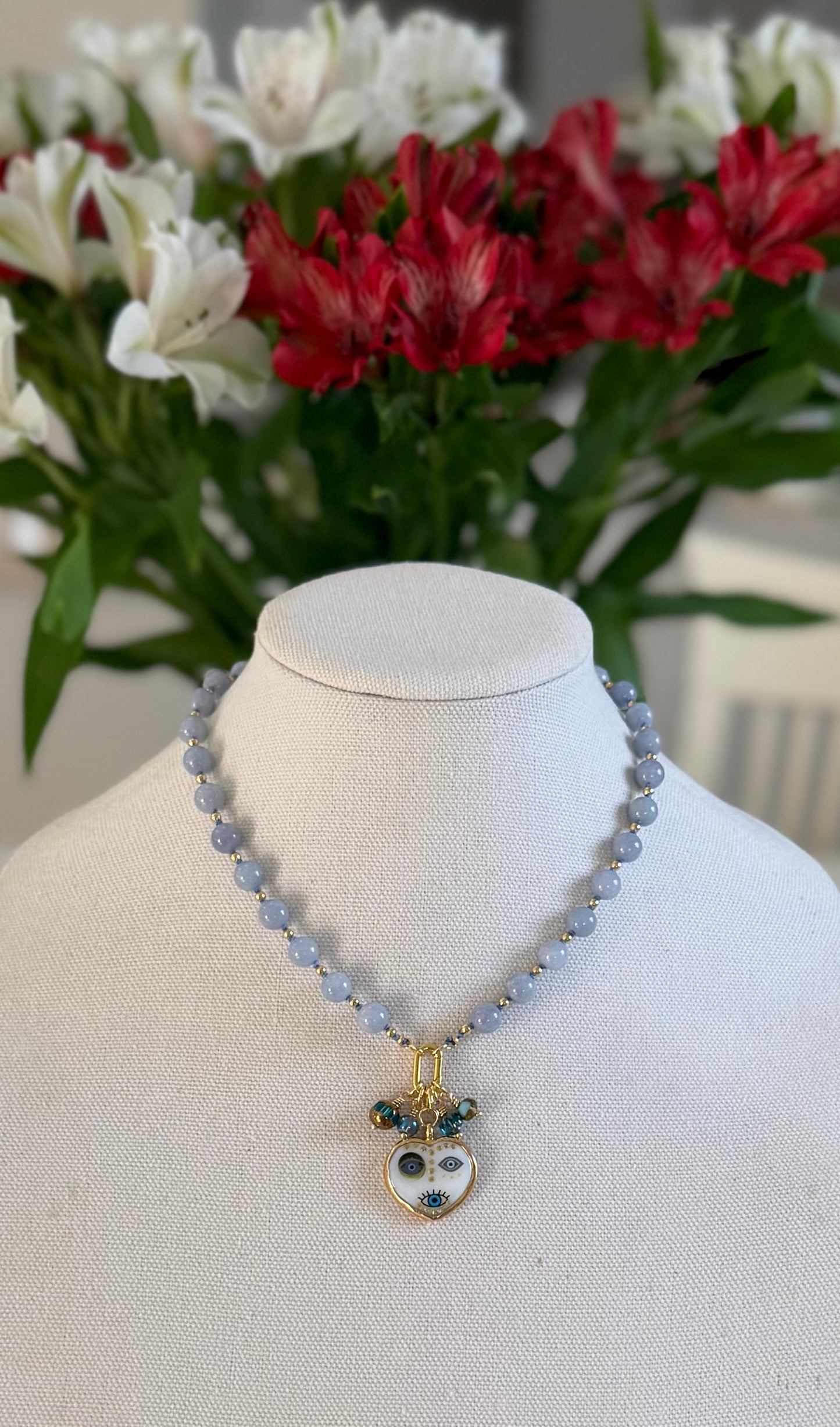 Blue Chalcedony and Evil Eye Heart Pendant
