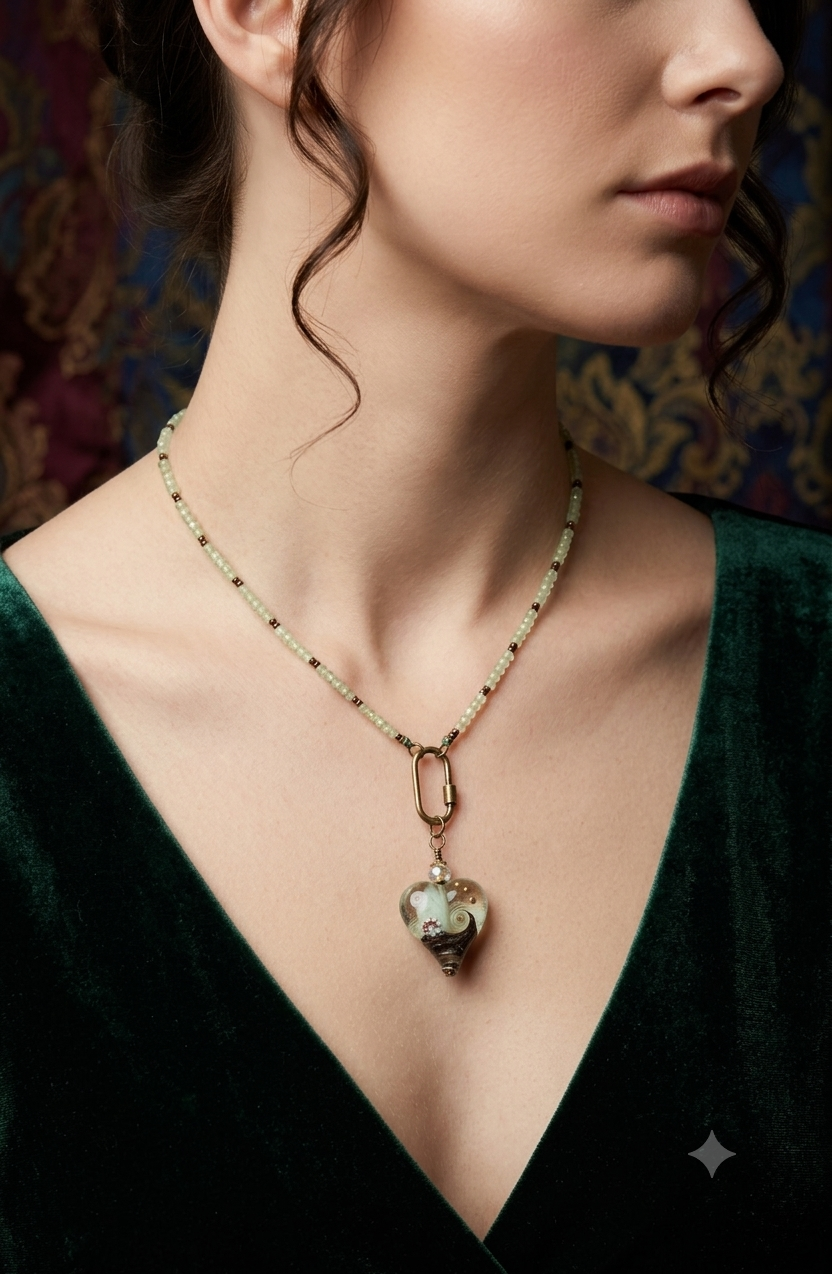 Prehnite and Artisan Glass Heart