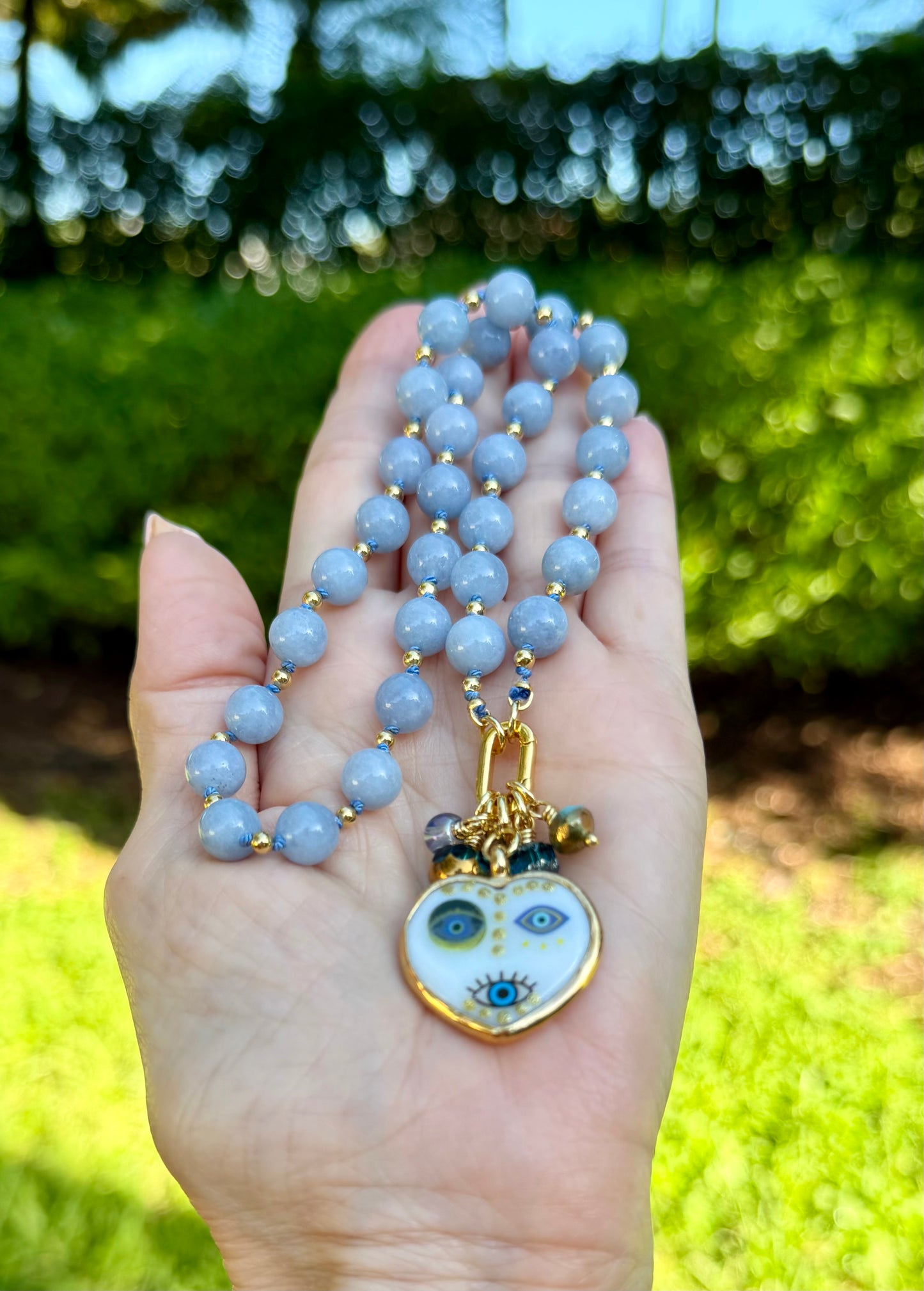 Blue Chalcedony and Evil Eye Heart Pendant