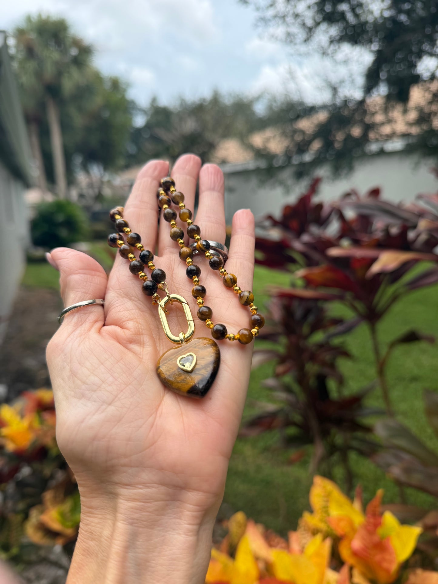 Tiger Eye Heart Pendant Necklace | Handmade Boho Gemstone Jewelry | 18K Gold Plated