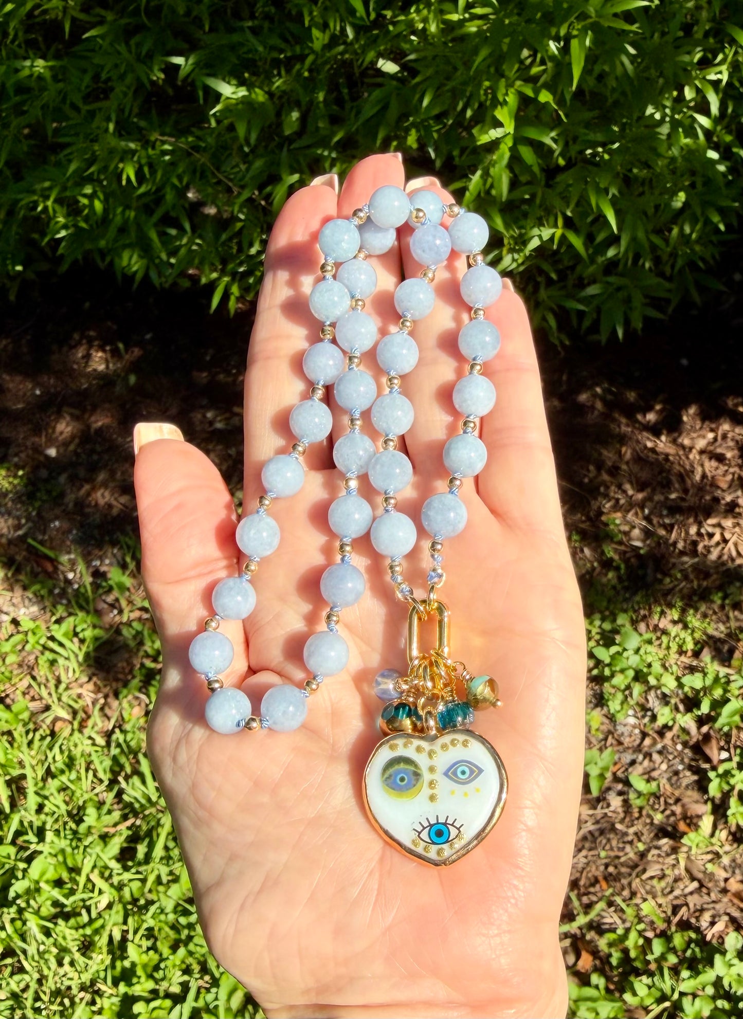 Blue Chalcedony and Evil Eye Heart Pendant