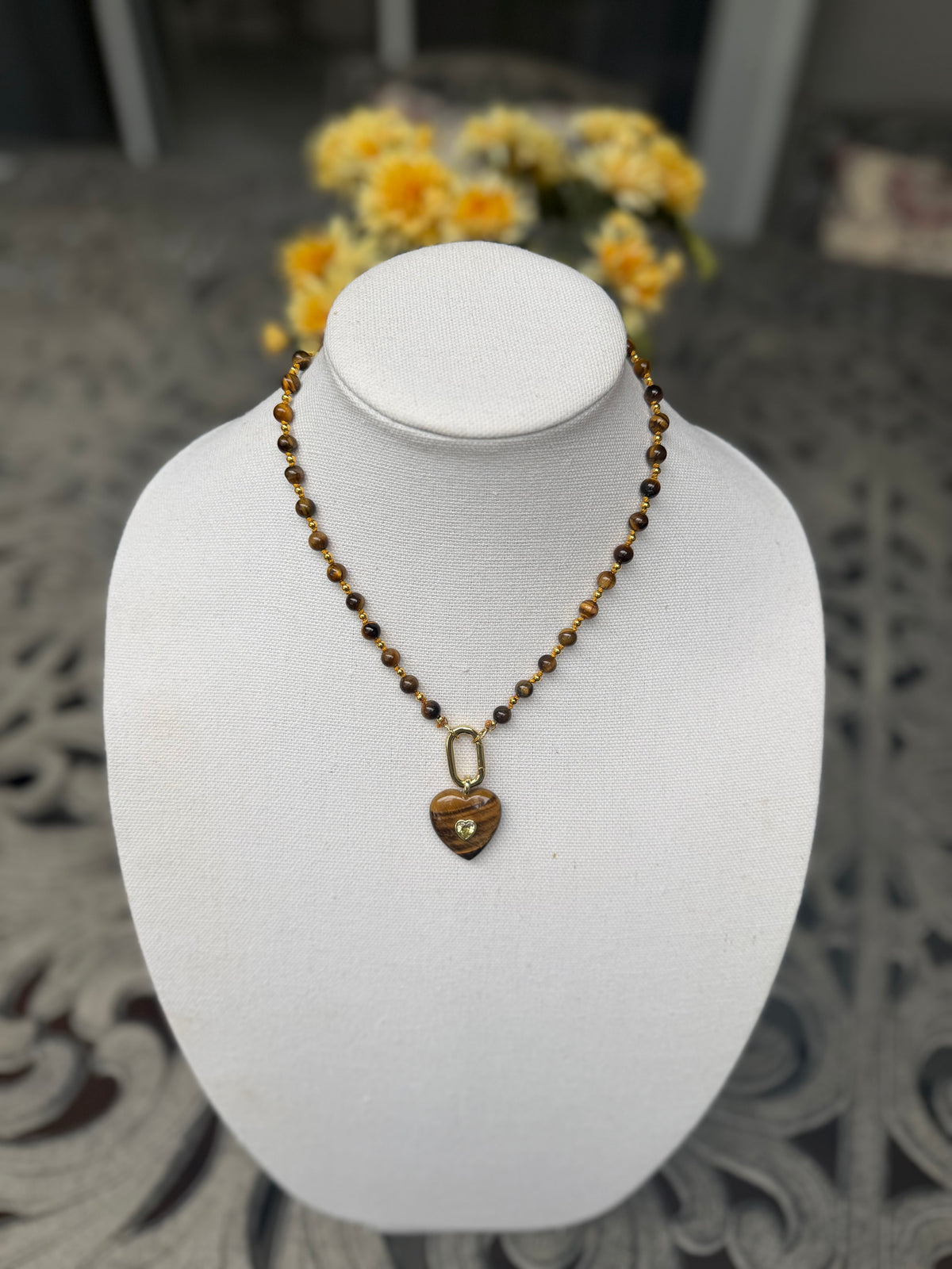 Tiger Eye Heart Pendant Necklace | Handmade Boho Gemstone Jewelry | 18K Gold Plated
