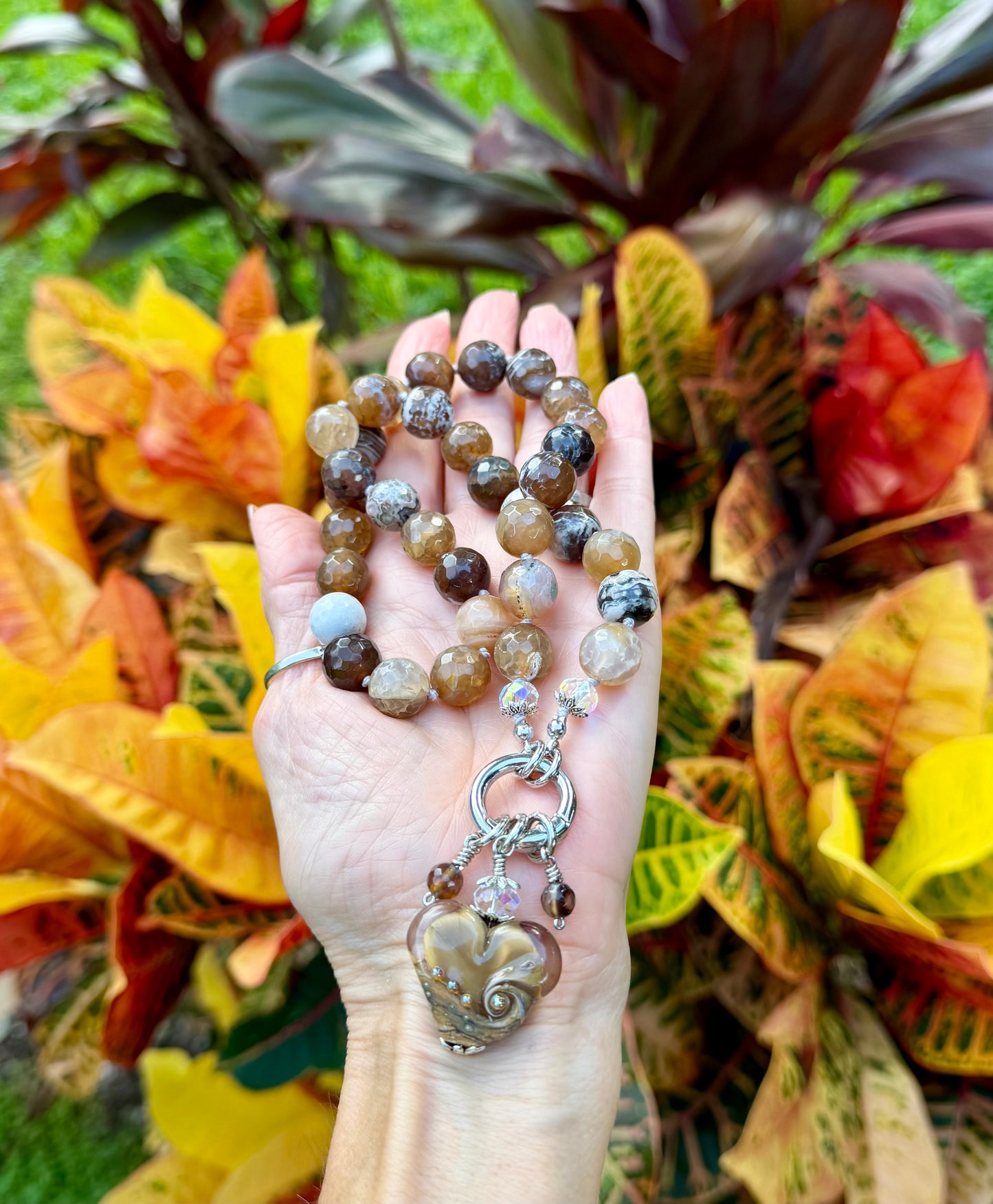 Brown Dragon Vein Agate Necklace with Artisan Heart