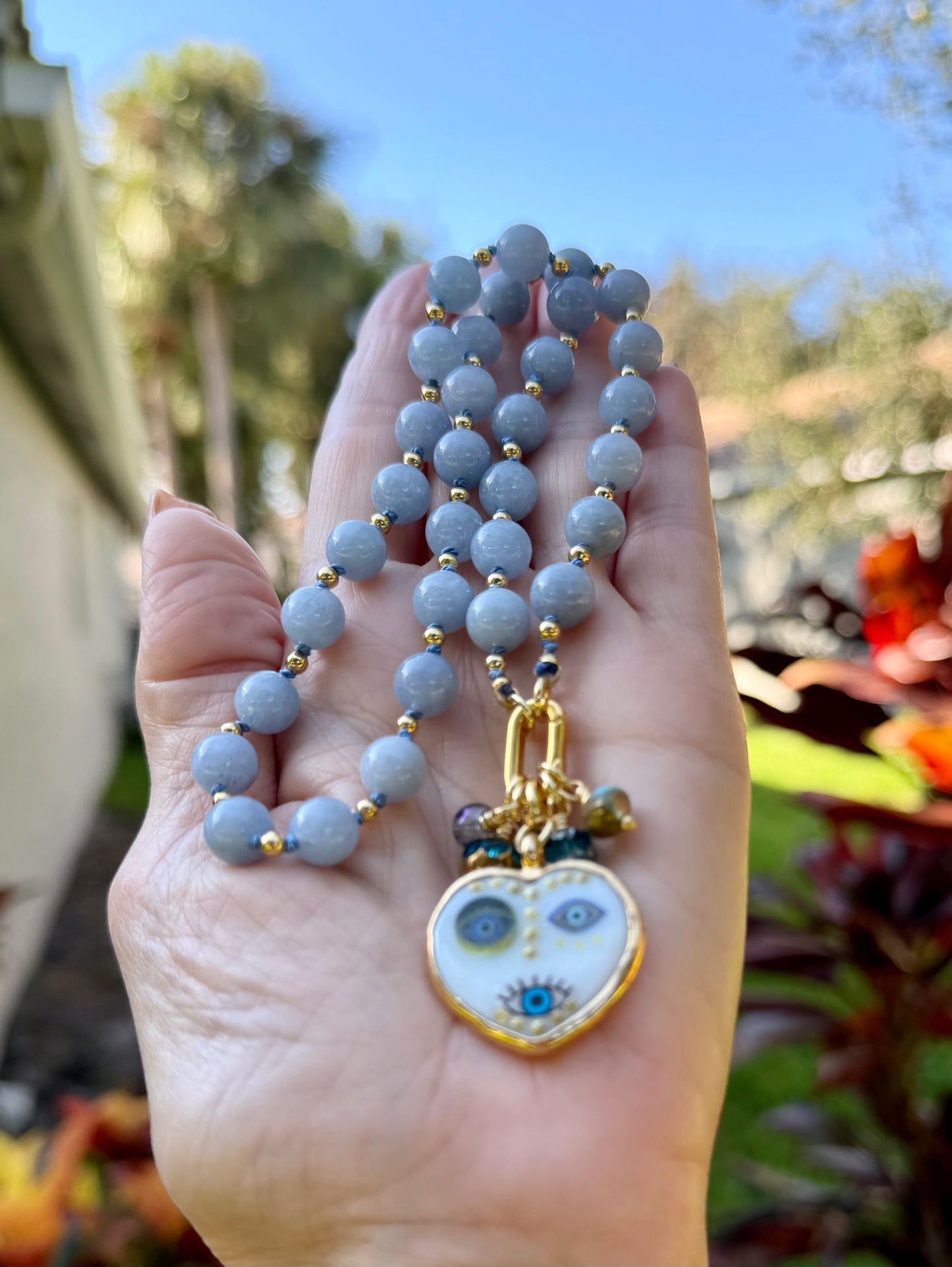 Blue Chalcedony and Evil Eye Heart Pendant
