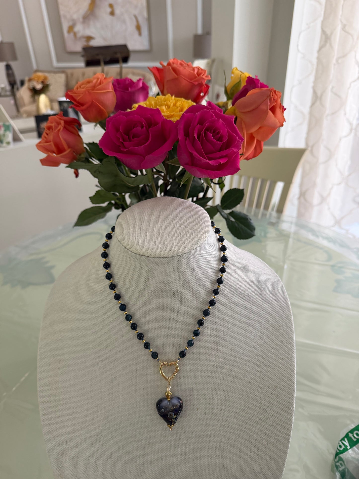 Black & Blue Tiger Eye Necklace with Artisan Glass Heart Pendant | Handmade Boho Luxe