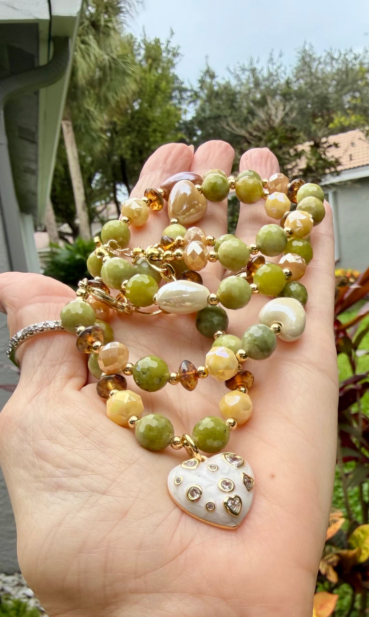 Faceted Jade Necklace with White Heart Pendant