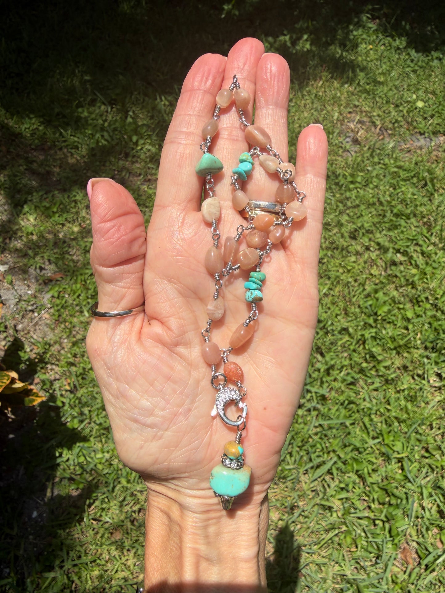 Turquoise & Peach Moonstone Boho Necklace | OOAK Wire Wrapped Gemstone Pendant