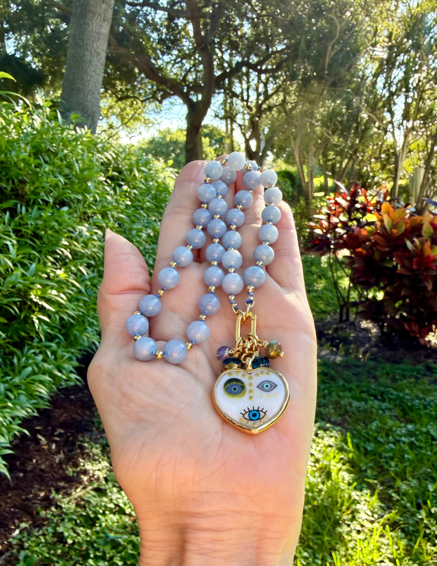 Blue Chalcedony and Evil Eye Heart Pendant
