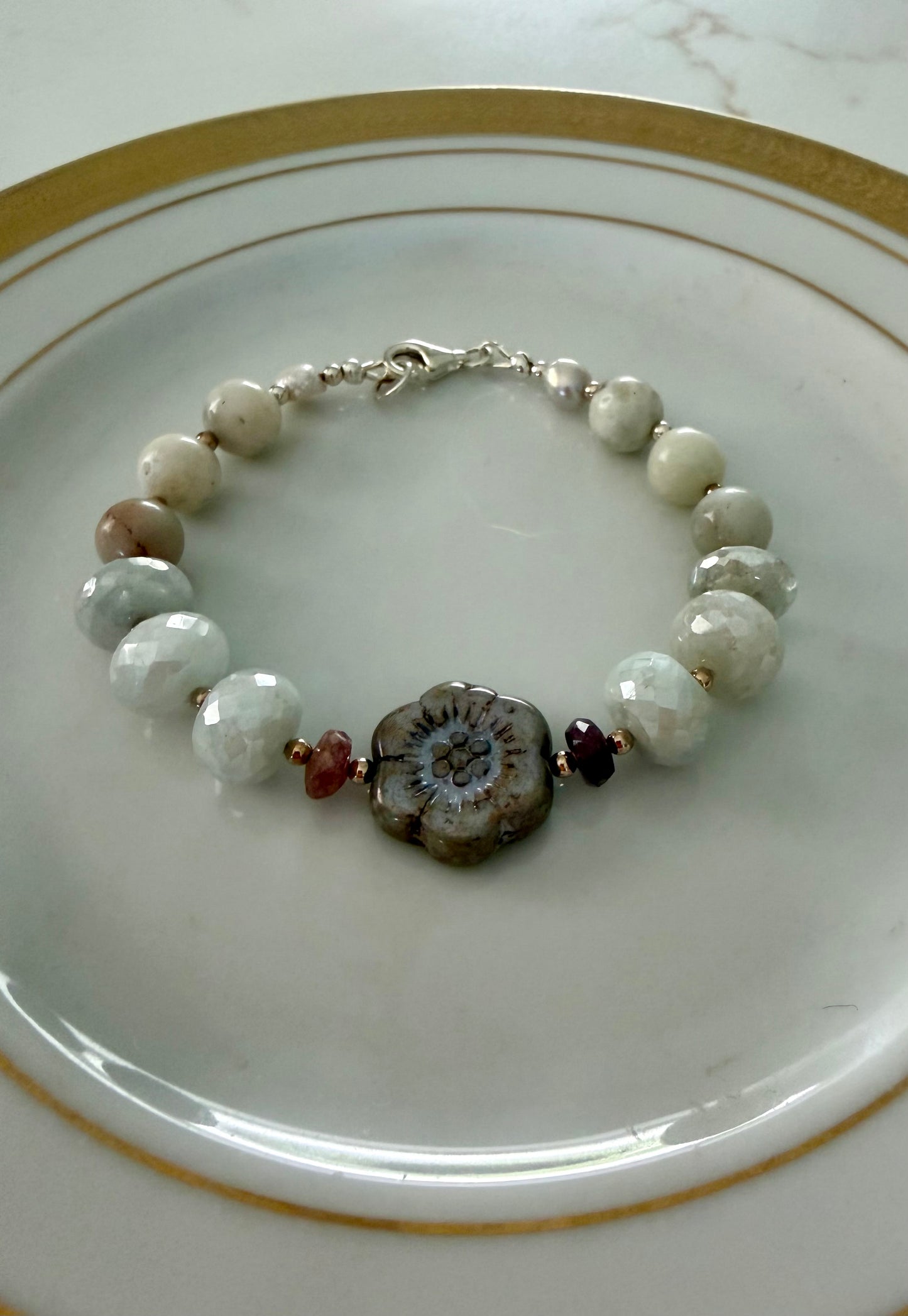 Moonstone & Czech Flower Bracelet | Tourmaline, Unakite & Pearl | 925 Sterling Silver