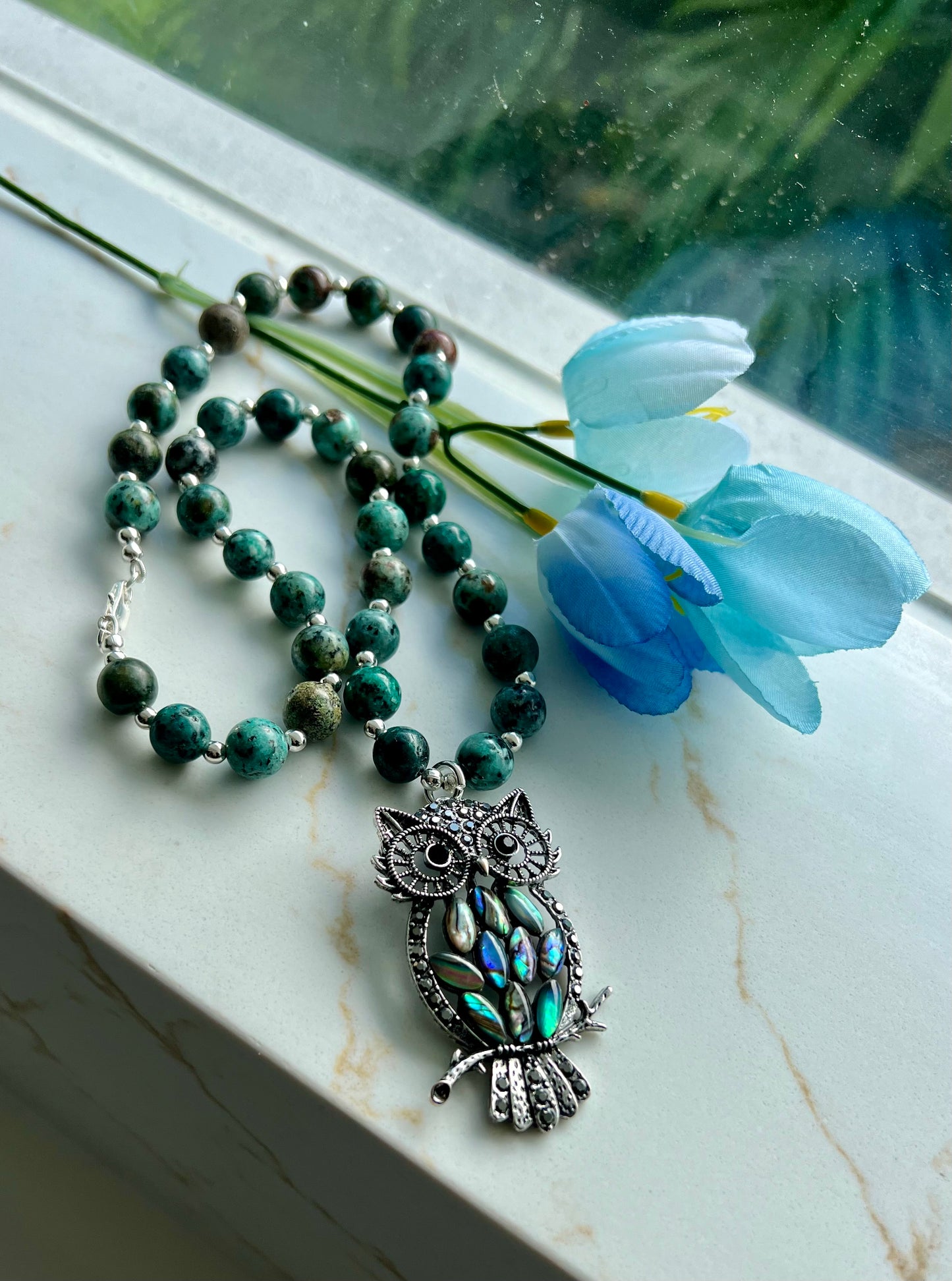 African Turquoise Owl Necklace