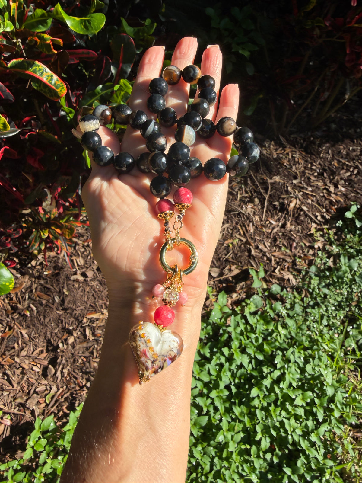 Black Agate necklace with Artisan Glass Heart