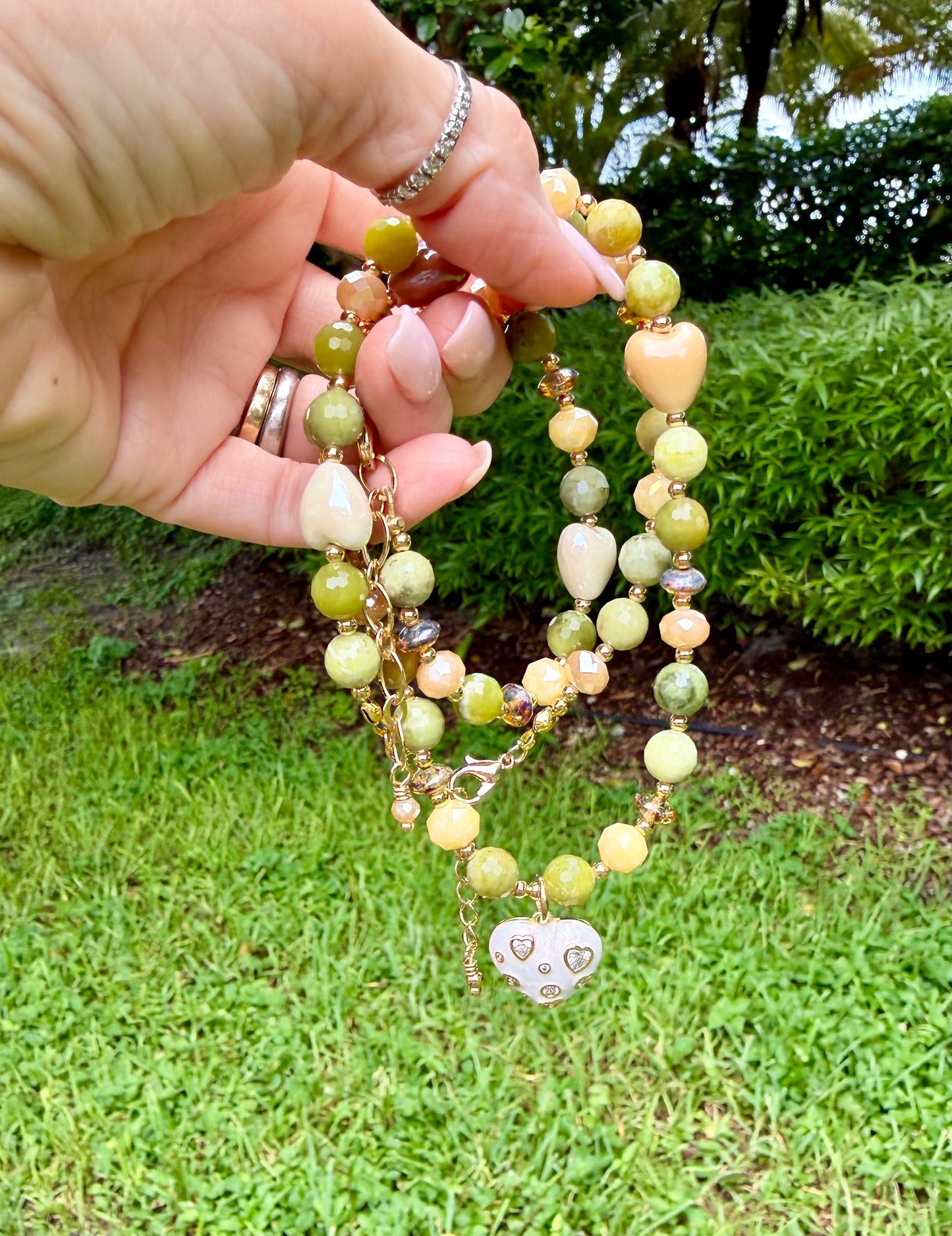 Faceted Jade Necklace with White Heart Pendant