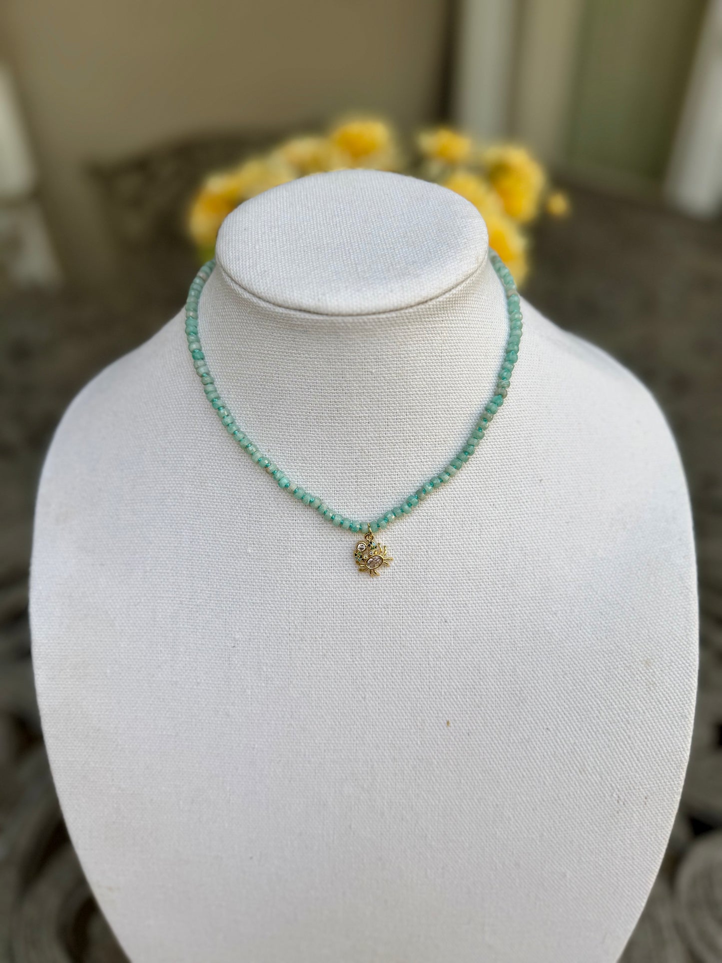 Blue Amazonite Choker | 18K Gold Crab Pendant & Rhinestone Necklace