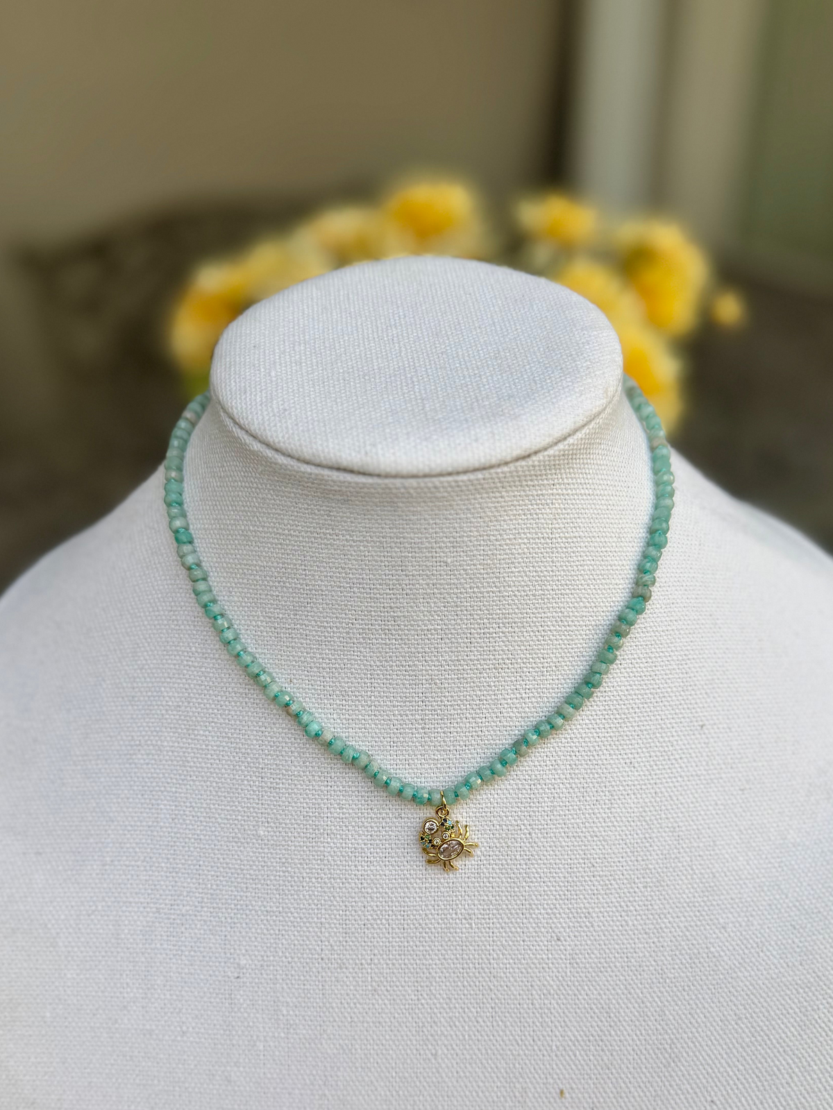 Blue Amazonite Choker | 18K Gold Crab Pendant & Rhinestone Necklace