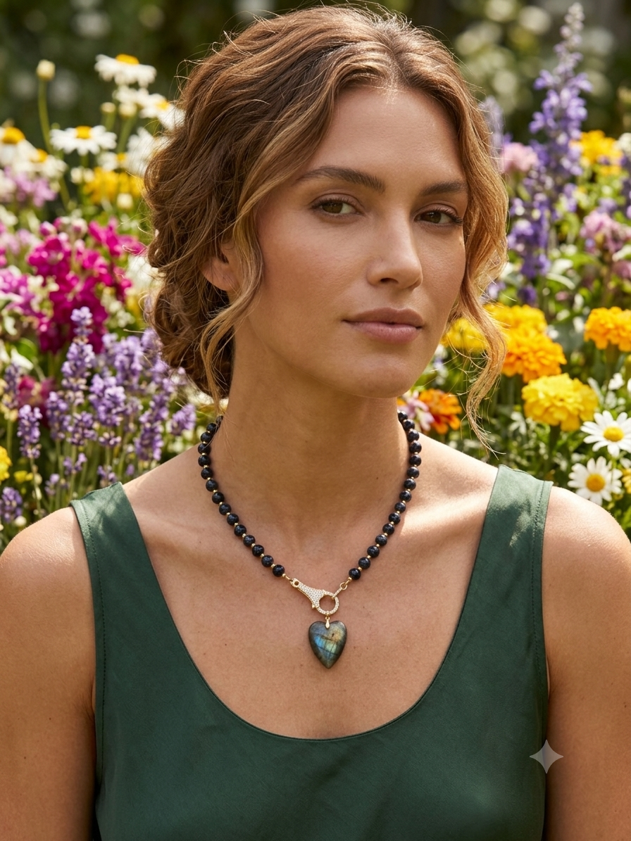 Blue sandstone and Labradorite heart necklace
