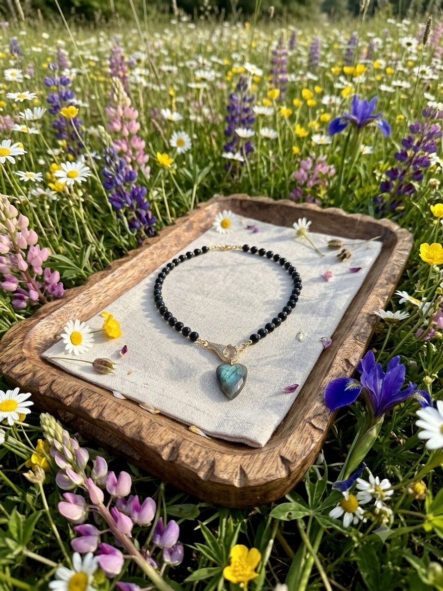 Blue sandstone and Labradorite heart necklace