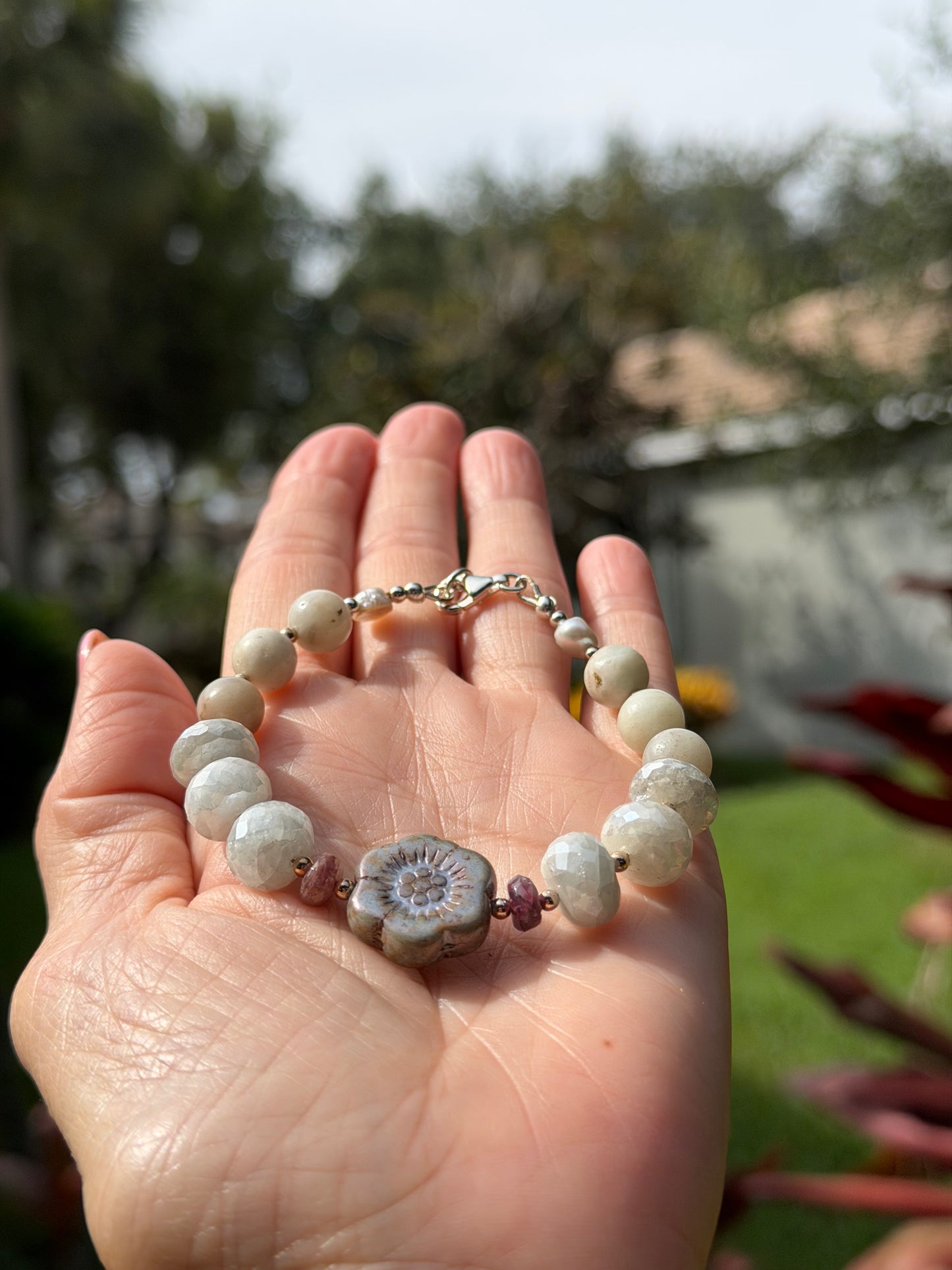 Moonstone & Czech Flower Bracelet | Tourmaline, Unakite & Pearl | 925 Sterling Silver