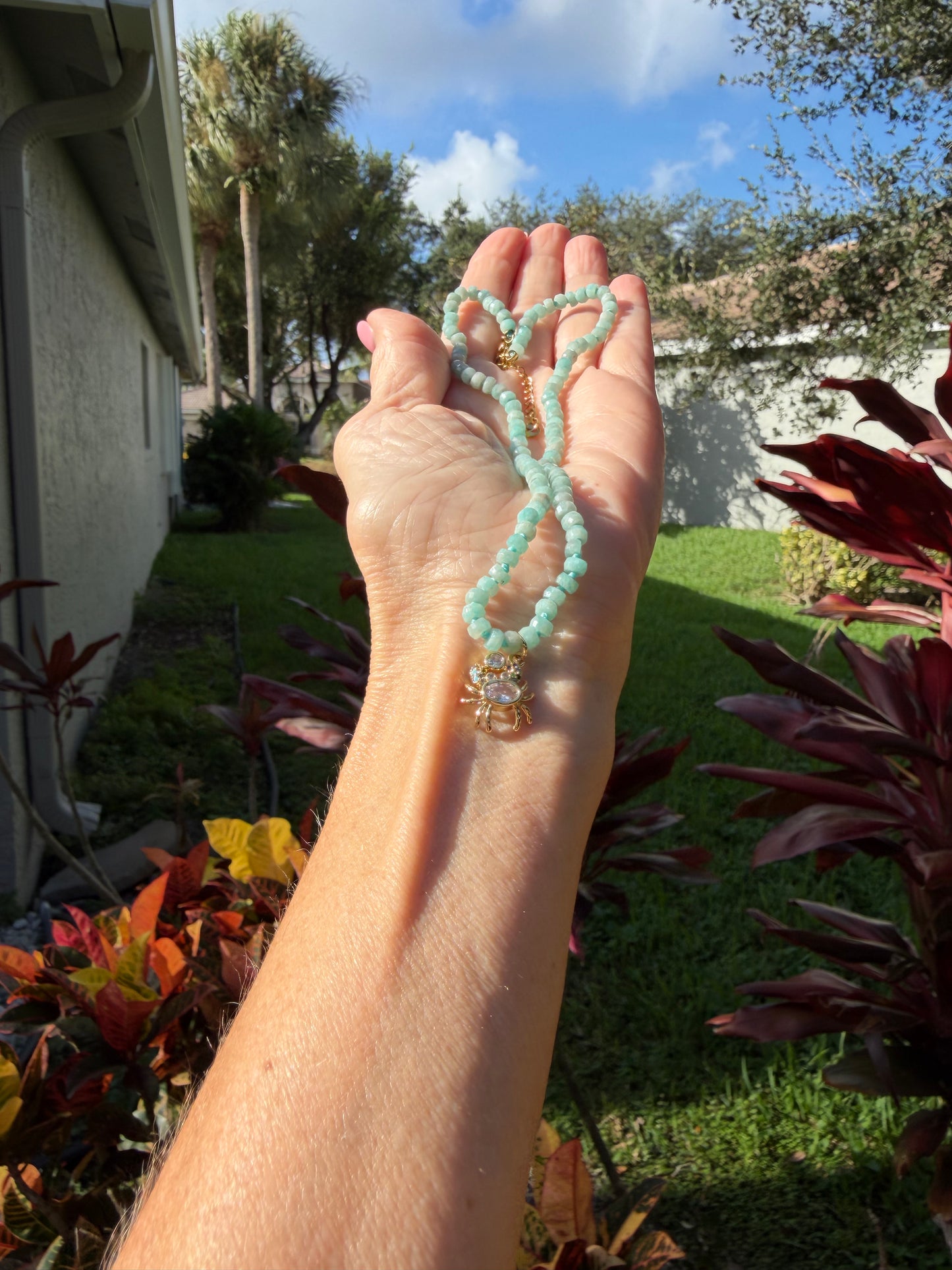 Blue Amazonite Choker | 18K Gold Crab Pendant & Rhinestone Necklace