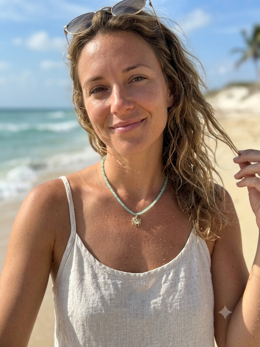 Blue Amazonite Choker | 18K Gold Crab Pendant & Rhinestone Necklace