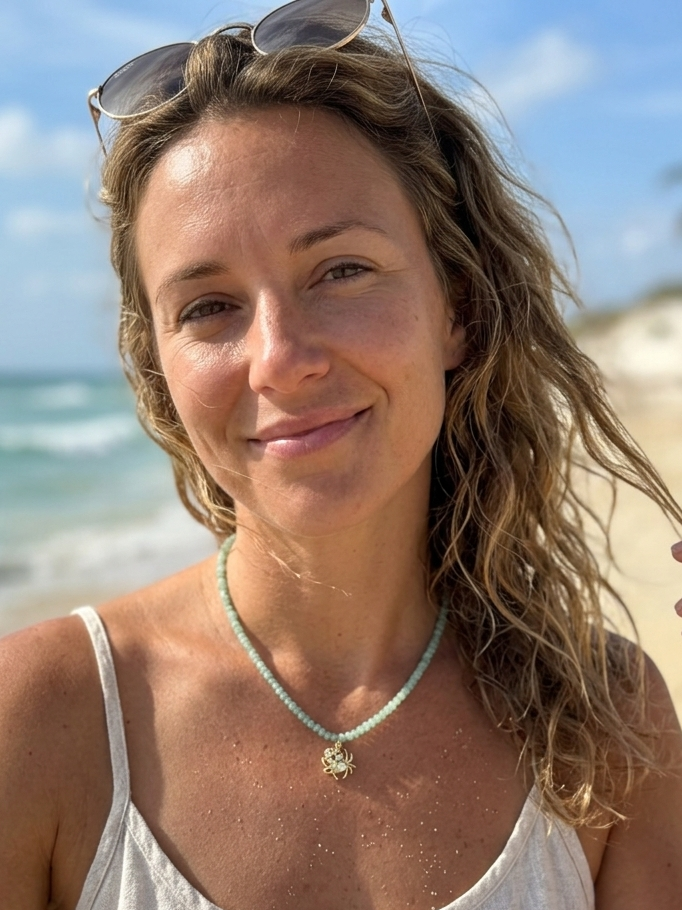 Blue Amazonite Choker | 18K Gold Crab Pendant & Rhinestone Necklace