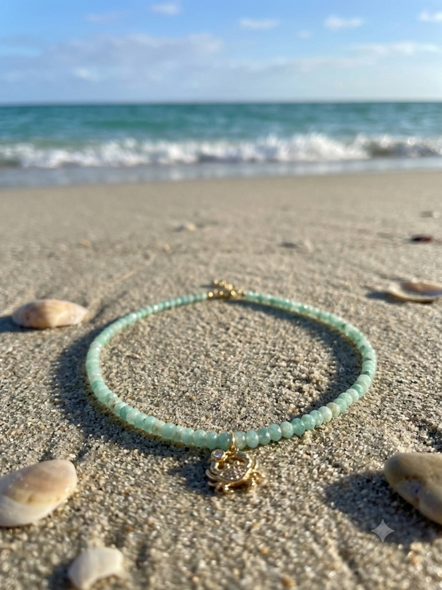 Blue Amazonite Choker | 18K Gold Crab Pendant & Rhinestone Necklace