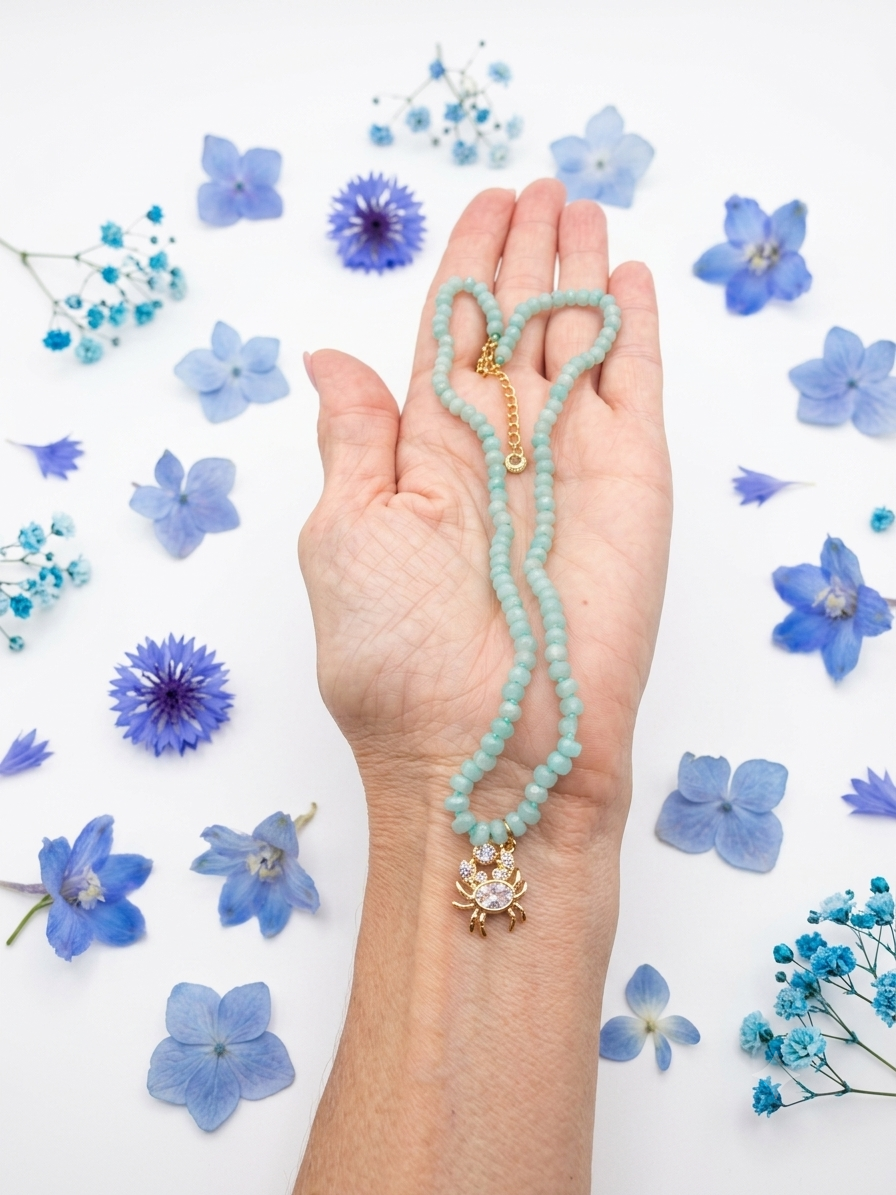 Blue Amazonite Choker | 18K Gold Crab Pendant & Rhinestone Necklace