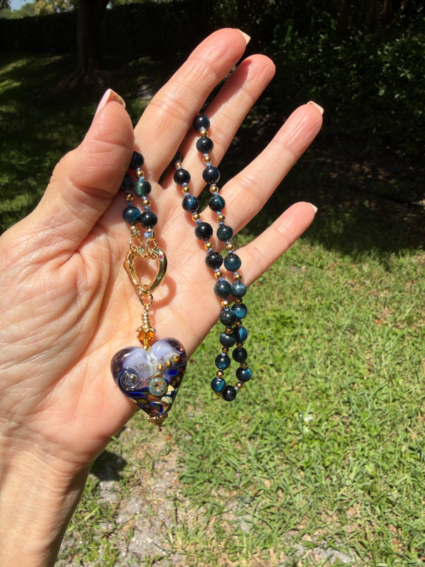 Black & Blue Tiger Eye Necklace with Artisan Glass Heart Pendant | Handmade Boho Luxe