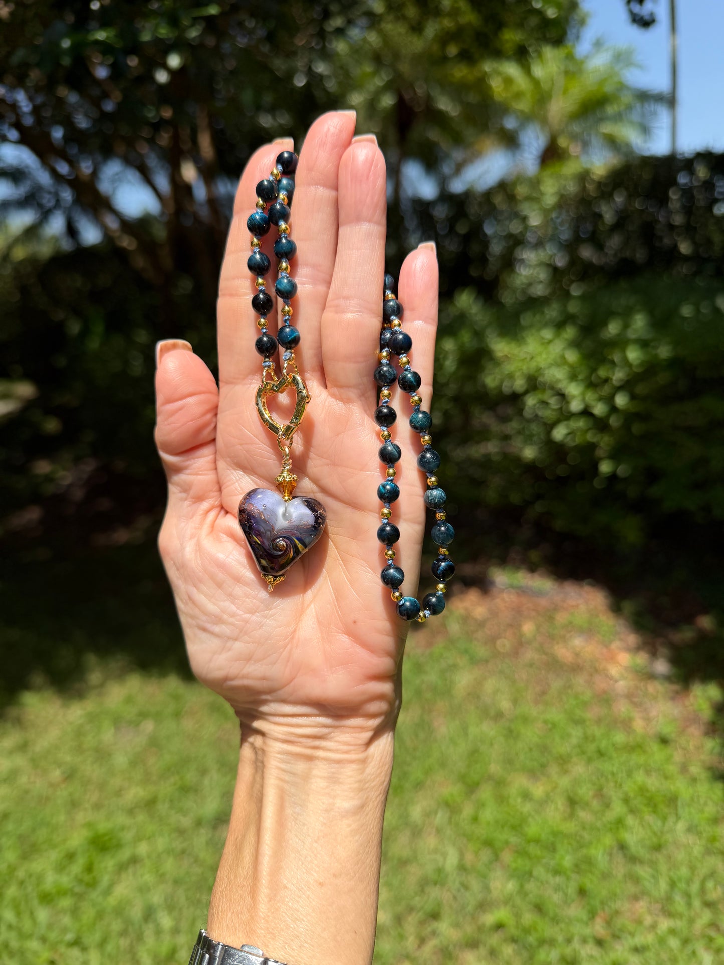 Black & Blue Tiger Eye Necklace with Artisan Glass Heart Pendant | Handmade Boho Luxe