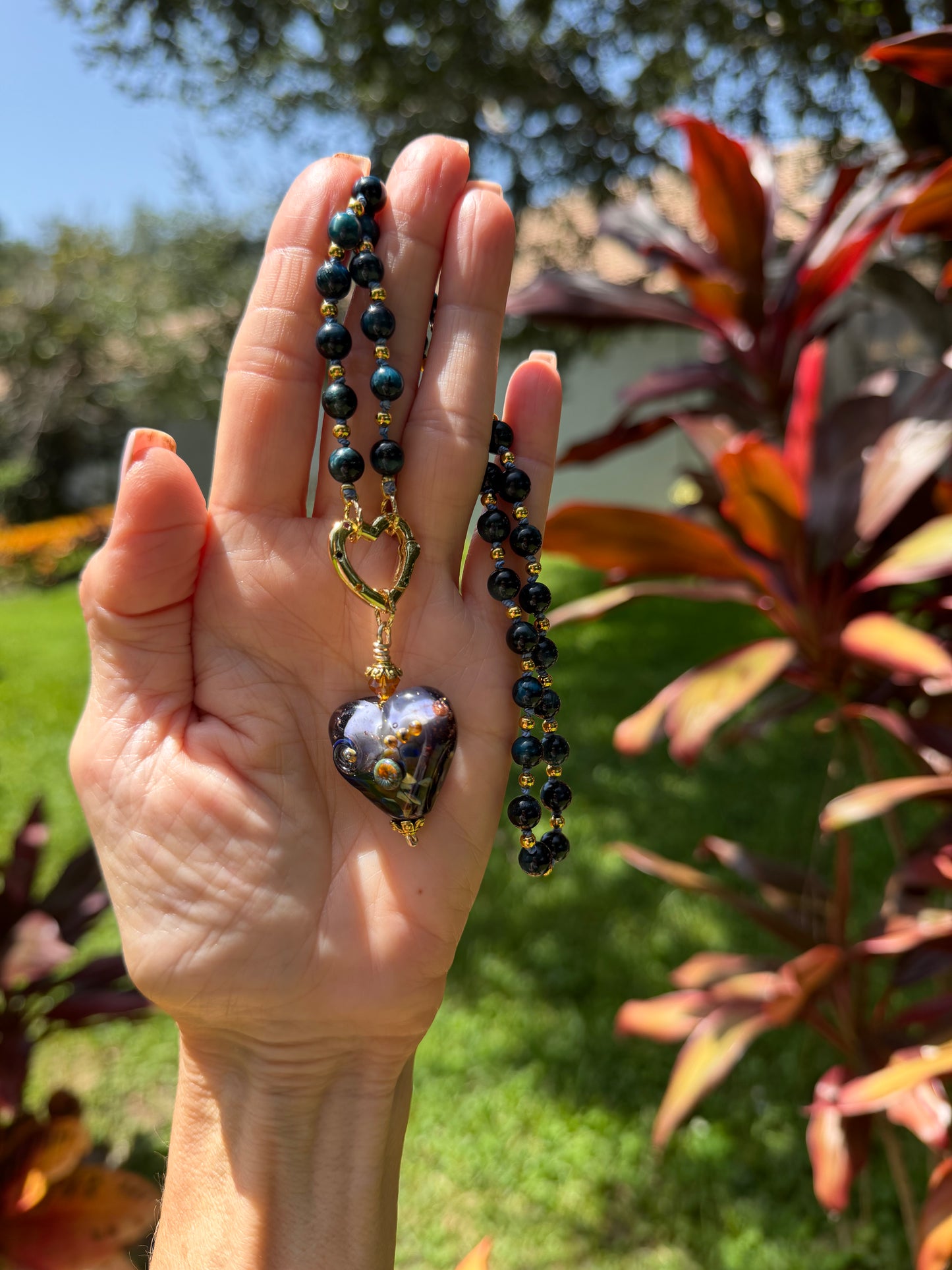 Black & Blue Tiger Eye Necklace with Artisan Glass Heart Pendant | Handmade Boho Luxe