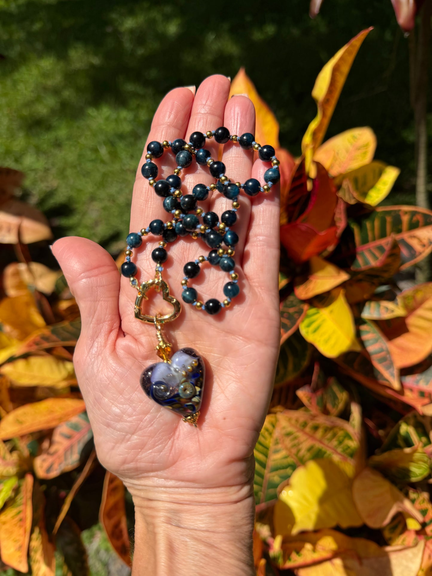 Black & Blue Tiger Eye Necklace with Artisan Glass Heart Pendant | Handmade Boho Luxe